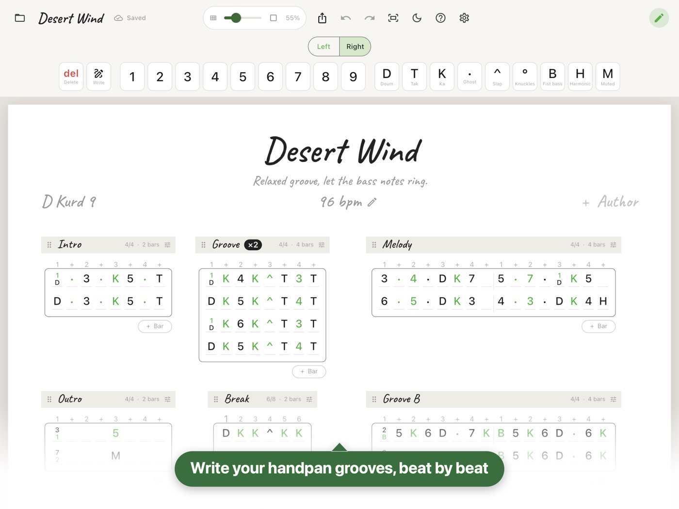 Editing a sheet: palette of tone fields and techniques above the bars