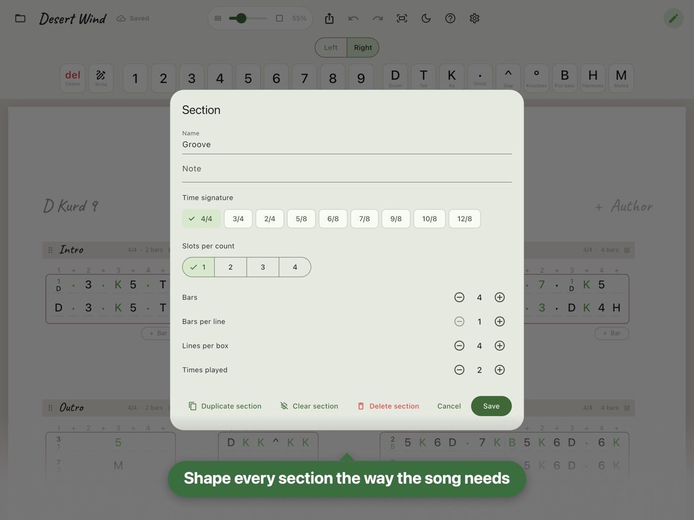 The settings of a section: time signature, slots per count, bars