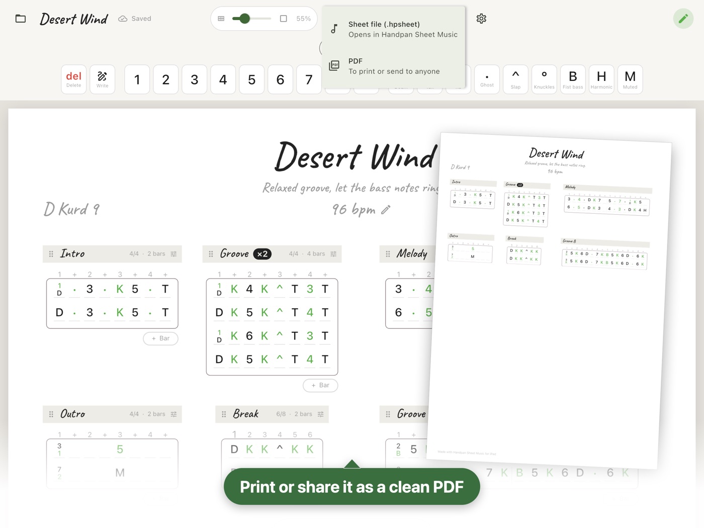 The share menu next to a page of the exported PDF