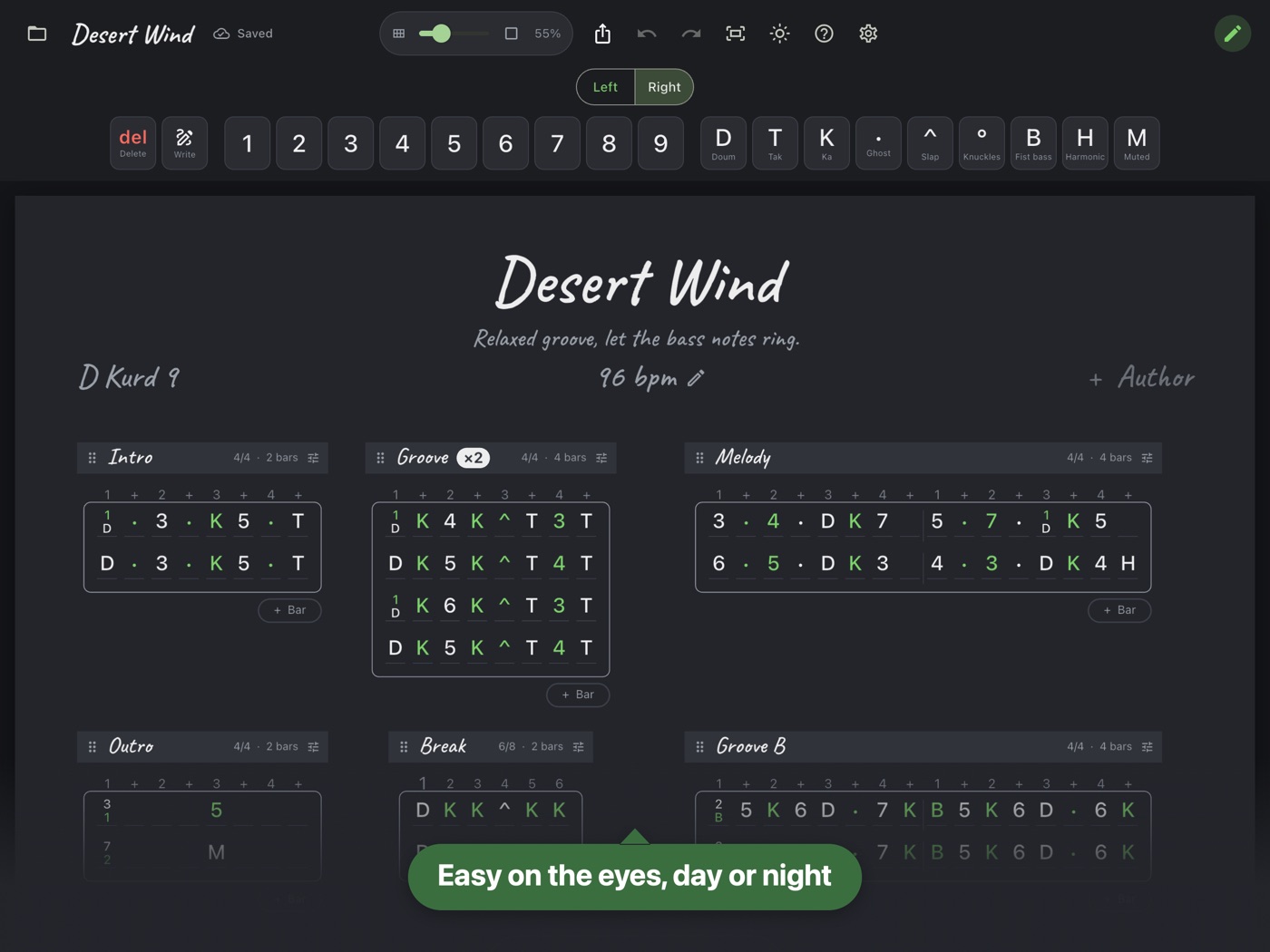 The same sheet in the dark theme