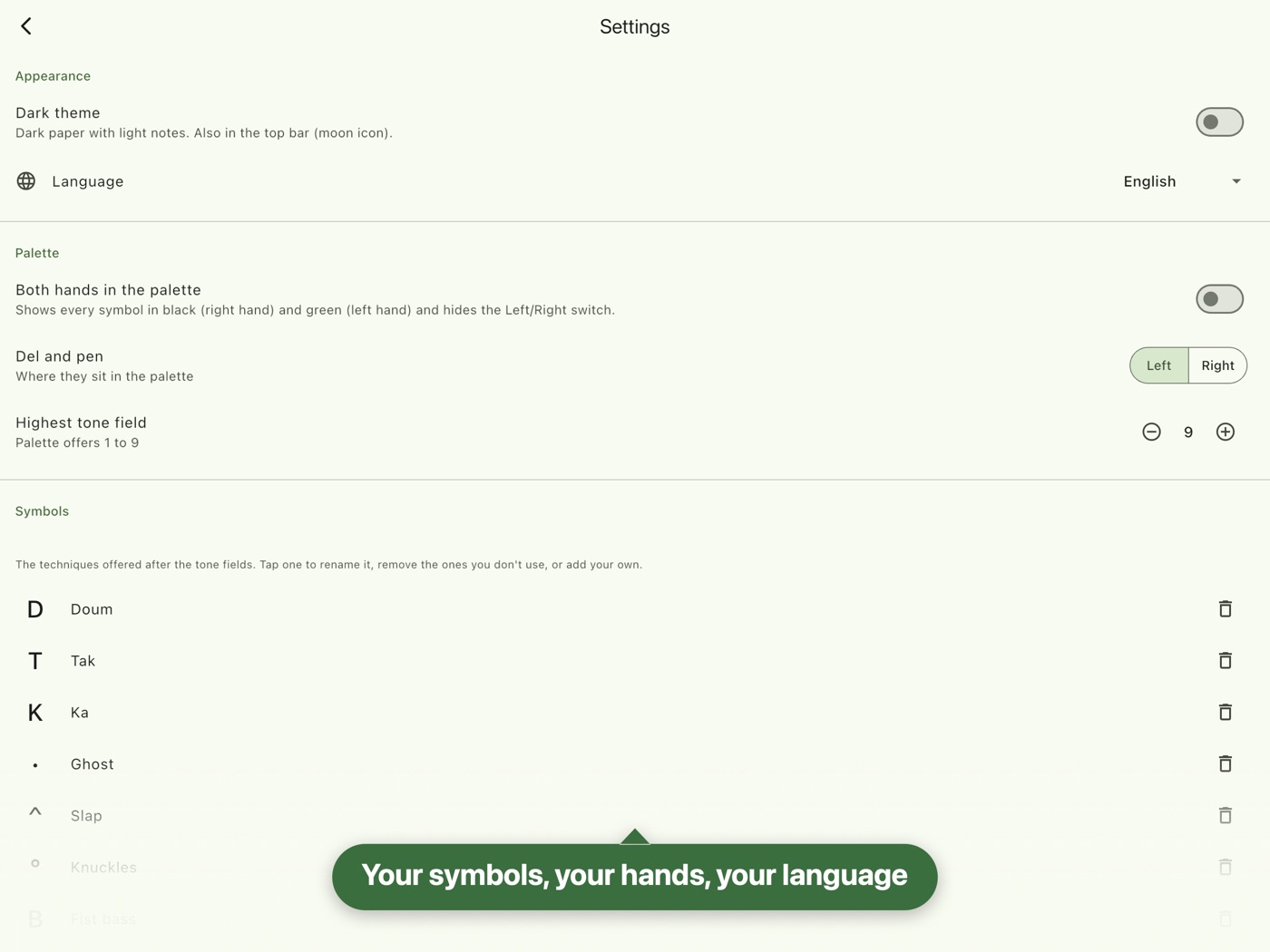 Settings: palette symbols, hands and language